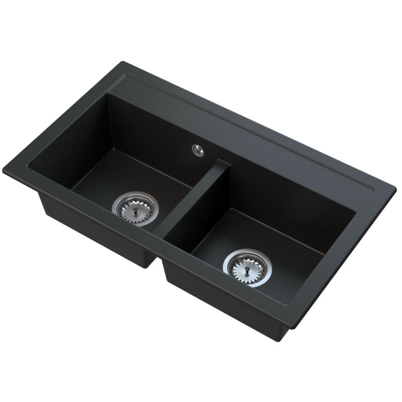 Zlewozmywak Granitowy Dwukomorowy Granitan Duet Czarny Zestaw Zlew Syfon Chrom Impregant 1 kpl.