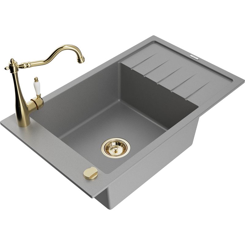 Zlewozmywak granitowy 1-komorowy Mexen Elias z ociekaczem i baterią kuchenną Carla szary 6511-71-670700-50