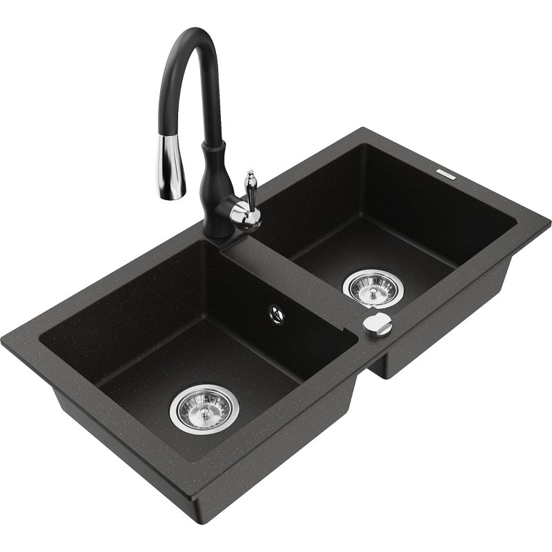 Zlewozmywak granitowy 2-komorowy Mexen Mario z baterią kuchenną Savita czarny/złoty metalik 6504-75-672601-70