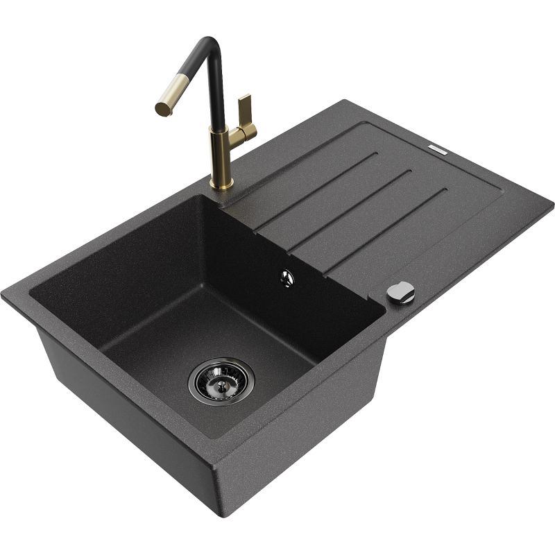 Zlewozmywak granitowy 1-komorowy Mexen Bruno z ociekaczem i baterią kuchenną Flora czarny nakrapiany 6513-76-670401-57-B