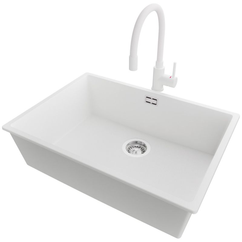 Zlewozmywak podblatowy Londyn PRIMAGRAN 66x47cm do szafki od 70cm, Biały + Bateria 38x14cm + Syfon, S415, 1 szt.