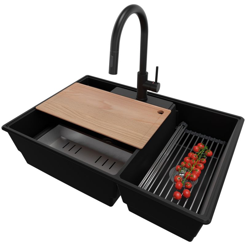 Zlewozmywak Granitowy Paryż PRIMAGRAN Nablatowy 78x53cm do szafki od 80cm, Czarny + Bateria + Syfon + Akcesoria, S045, 1 szt.