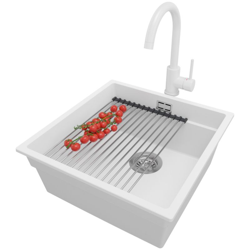 Zlewozmywak podblatowy Praga PRIMAGRAN 46x47cm do szafki od 50cm, Biały + Bateria + Syfon + Zwijany ociekacz, S199, 1 szt.