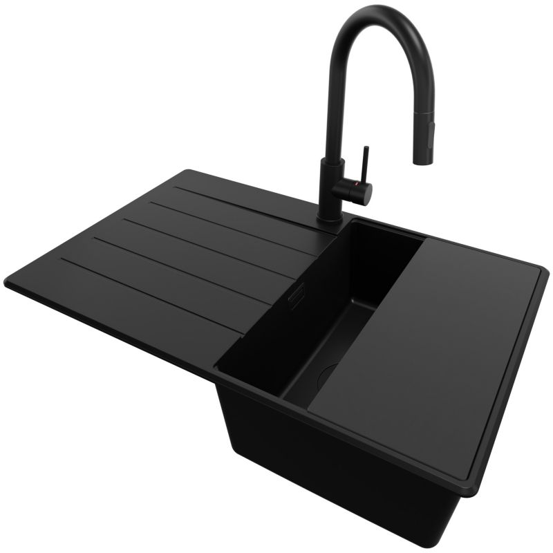 Zlewozmywak Granitowy Kopenhaga PRIMAGRAN Nablatowy 78x50cm, Cały Czarny + Bateria + Syfon + Akcesorium, S375, 1 szt.