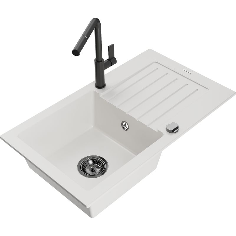 Zlewozmywak granitowy 1-komorowy Mexen Pablo z ociekaczem i baterią kuchenną Flora czarny - 6510-77-670401-70-B 1 szt.