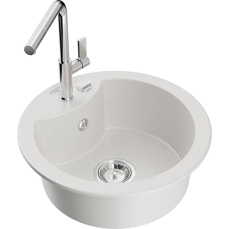 Zlewozmywak granitowy 1-komorowy Mexen Diego z baterią kuchenną Flora biały 6512-20-670401-00