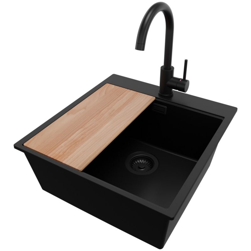 Zlewozmywak Granitowy Oslo PRIMAGRAN Nablatowy 48x50cm do szafki od 50cm, Cały Czarny + Bateria + Syfon + Deska, S304, 1 szt.