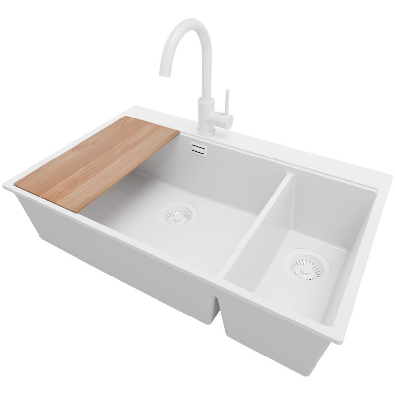 Zlewozmywak Granitowy Oslo Duo PRIMAGRAN Nablatowy 78x50cm do szafki od 80cm, Cały Biały + Bateria + Syfon + Deska, S086, 1 szt.