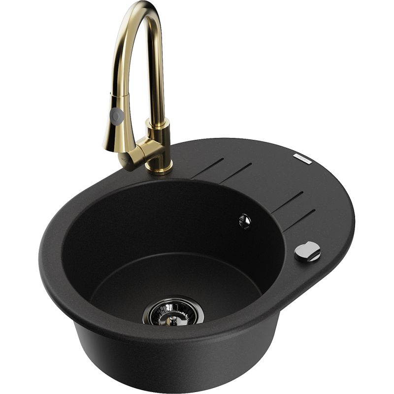 Zlewozmywak granitowy 1-komorowy Mexen Kevin z ociekaczem i baterią kuchenną Elia czarny - 6517-77-670101-00 1 szt.