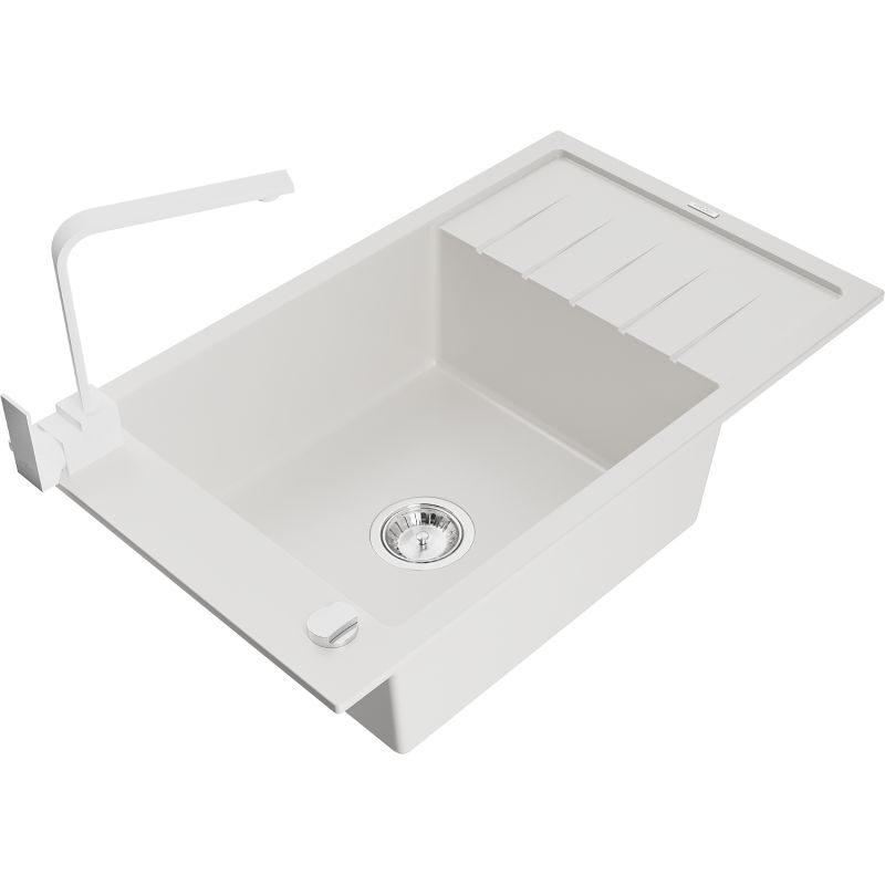 Zlewozmywak granitowy 1-komorowy Mexen Elias z ociekaczem i baterią kuchenną Rita biały 6511-20-670300-20