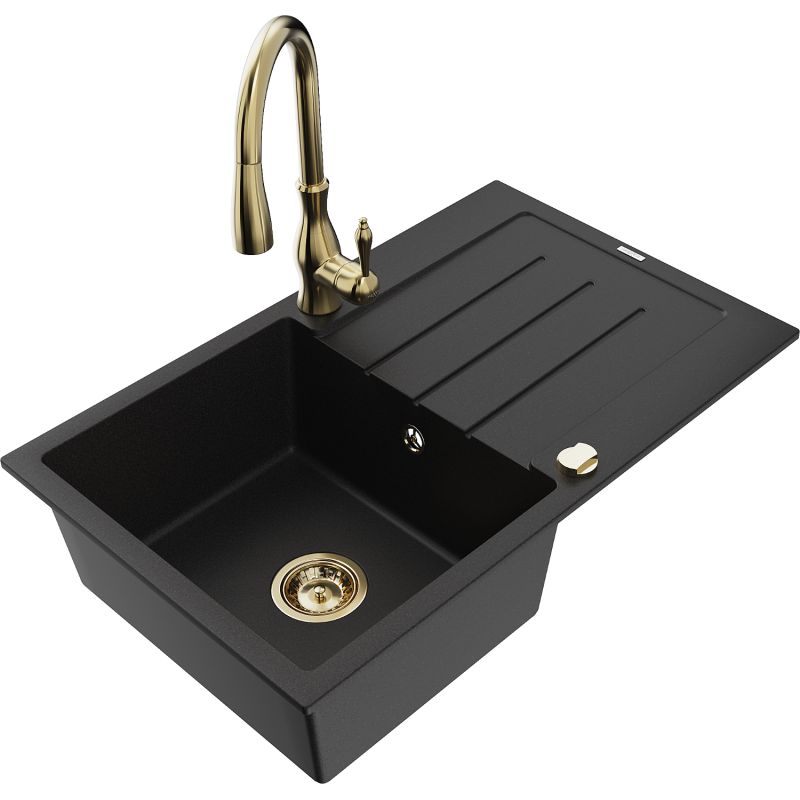 Zlewozmywak granitowy 1-komorowy Mexen Bruno z ociekaczem i baterią kuchenną Savita czarny 6513-77-672601-50