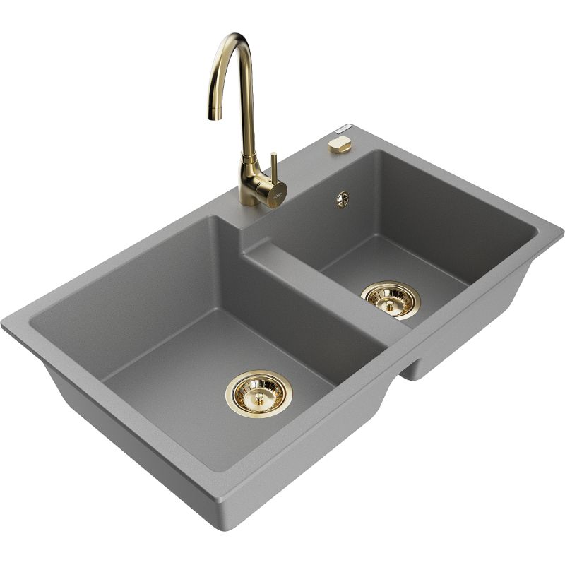 Zlewozmywak granitowy 2-komorowy Mexen Tomas z baterią kuchenną Telma szary - 6516-71-670200-71 1 szt.