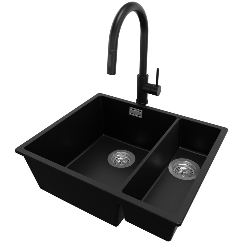 Zlewozmywak Granitowy Londyn Slim Duo PRIMAGRAN Nablatowy 56x47cm do szafki od 60cm, Czarny + Bateria + Syfon, S019, 1 szt.