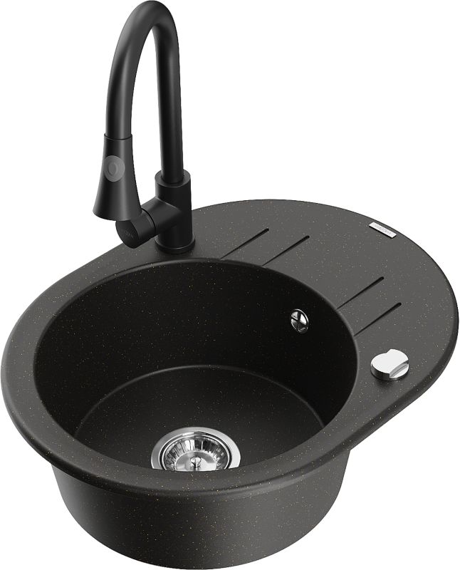 Zlewozmywak granitowy Mexen Kevin 1-komorowy z ociekaczem i baterią kuchenną Elia czarny/złoty 6517-75-670101-70