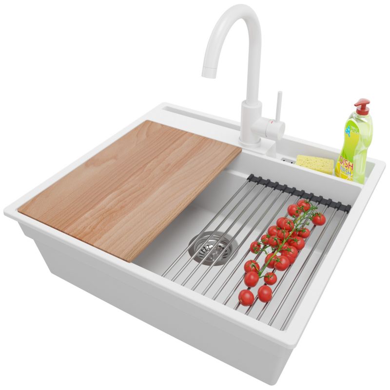 Zlewozmywak Granitowy Oslo Pocket PRIMAGRAN Nablatowy 58x53cm, Biały + Bateria + Syfon + Akcesorium, S282, 1 szt.