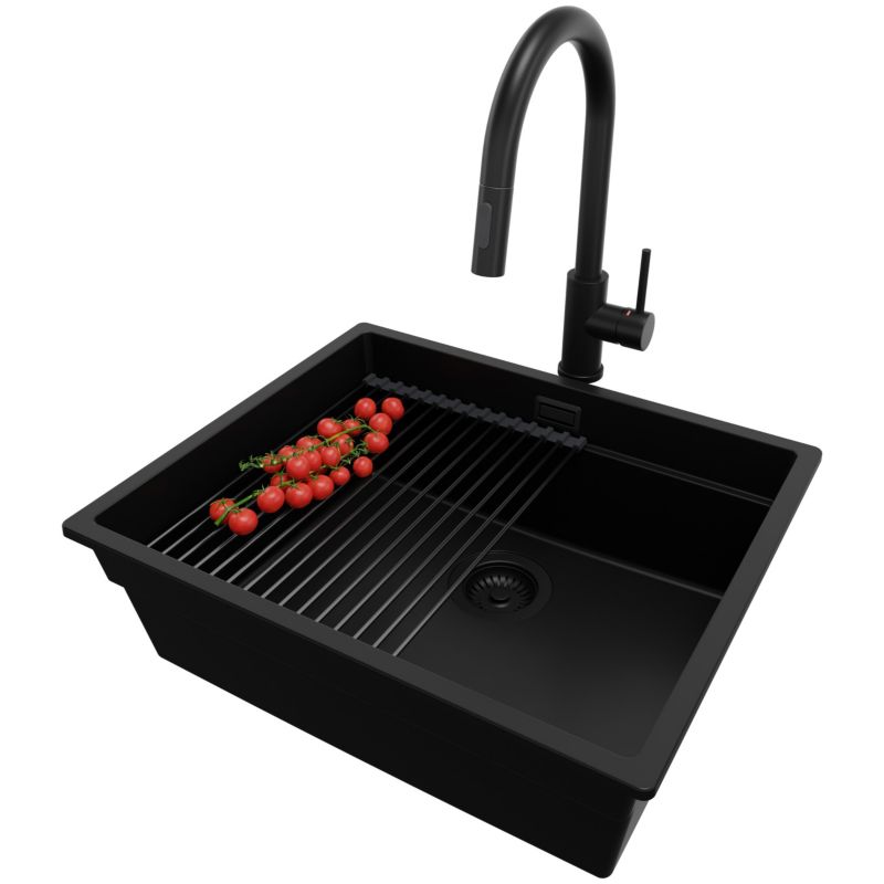 Zlewozmywak Granitowy Praga Slim PRIMAGRAN Nablatowy 56x47cm, Cały Czarny + Bateria + Syfon + Akcesorium, S299, 1 szt.