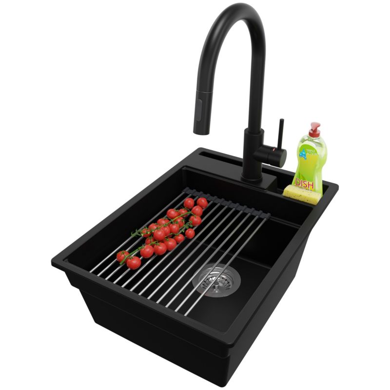 Zlewozmywak Granitowy Oslo Pocket PRIMAGRAN Nablatowy 38x53cm do szafki od 40cm z Syfonem i Baterią i Dodatkiem Czarny 1 szt.