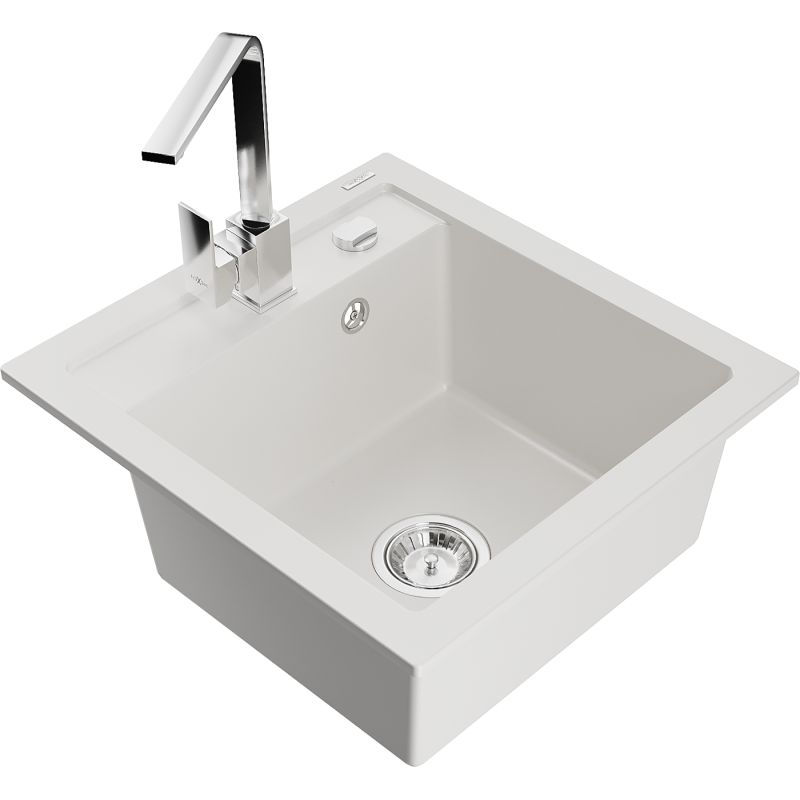 Zlewozmywak granitowy 1-komorowy Mexen Vito z baterią kuchenną Rita biały 6503-20-670300-00