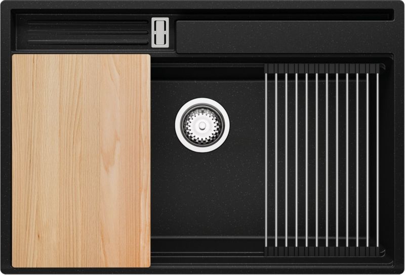 Zlewozmywak Oslo Pocket PRIMAGRAN Nablatowy 78x53cm do szafki od 80cm, Czarny Metalik + Syfon + Akcesoria, S397, 1 szt.