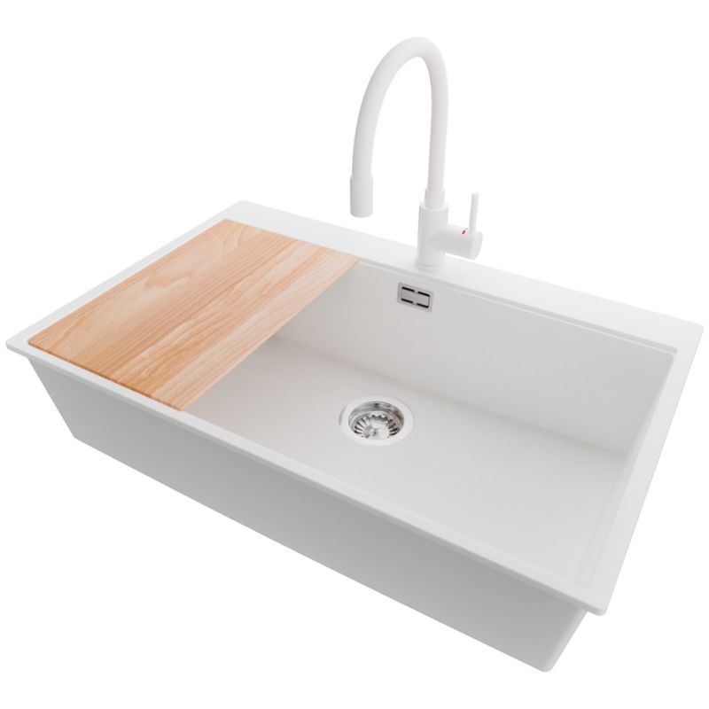 Zlewozmywak Granitowy Oslo PRIMAGRAN Nablatowy 78x50cm do szafki od 80cm, Biały + Bateria 38x14cm + Syfon + Deska, S623, 1 szt.