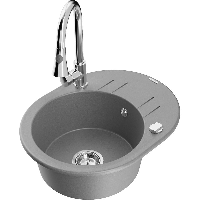 Zlewozmywak granitowy 1-komorowy Mexen Kevin z ociekaczem i baterią kuchenną Elia szary 6517-71-670101-00