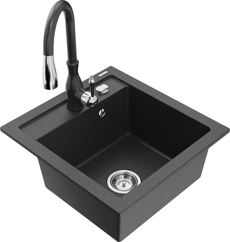 Zlewozmywak granitowy Mexen Vito 1-komorowy z baterią kuchenną Savita czarny 6503-76-672601-76