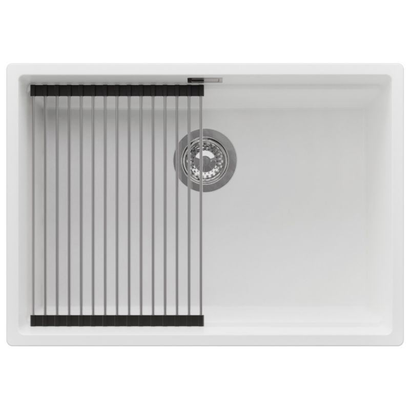 Zlewozmywak Praga Slim PRIMAGRAN Nablatowy 66x47cm do szafki od 70cm, Biały + Syfon + Zwijany ociekacz, S440, 1 szt.