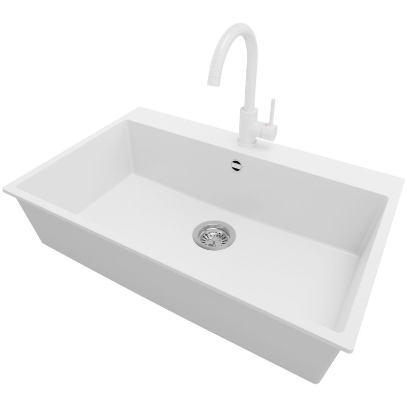 Zlewozmywak Granitowy Ryga PRIMAGRAN Nablatowy 78x50cm do szafki od 80cm, Biały + Bateria 32x20cm + Syfon, S407, 1 szt.