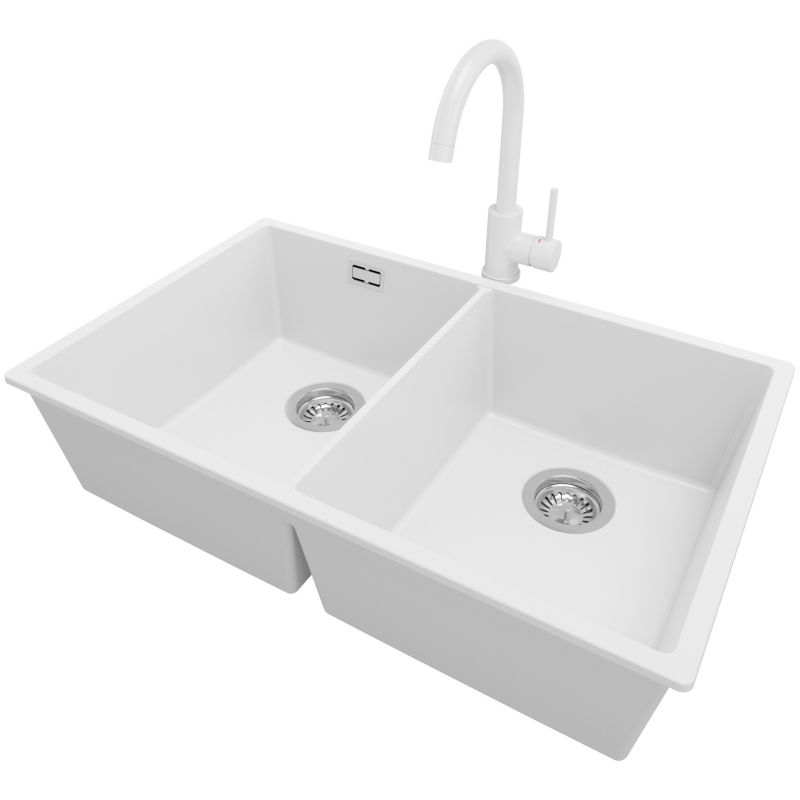 Zlewozmywak podblatowy Londyn Twin PRIMAGRAN 76x47cm do szafki od 80cm, Biały + Bateria 32x20cm + Syfon, S013, 1 szt.