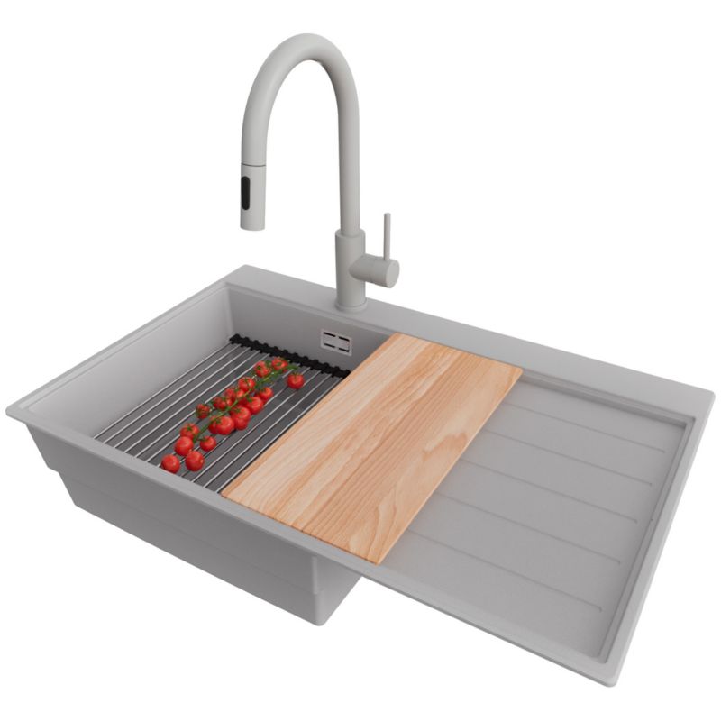 Zlewozmywak Granitowy Sydney PRIMAGRAN Nablatowy 78x50cm do szafki od 50cm, Szary + Bateria + Syfon + Akcesoria, S373, 1 szt.