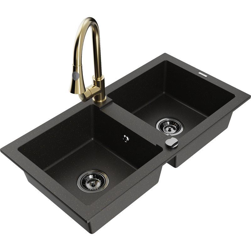 Zlewozmywak granitowy 2-komorowy Mexen Mario z baterią kuchenną Elia czarny/złoty metalik 6504-75-670101-50-B