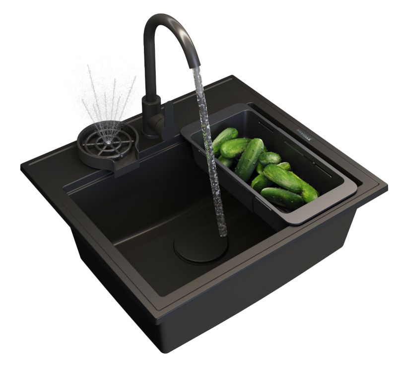 Zlewozmywak Granitowy Kuchenny Granitan Foxal Czarny z Syfonem Złotym, Baterią, Myjką i Ociekarką 1kpl.