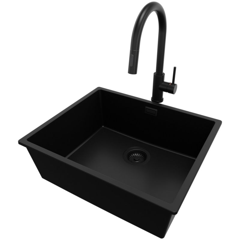 Zlewozmywak Granitowy Londyn Slim PRIMAGRAN Nablatowy 56x47cm do szafki od 60cm, Cały Czarny + Bateria + Syfon, S316, 1 szt.