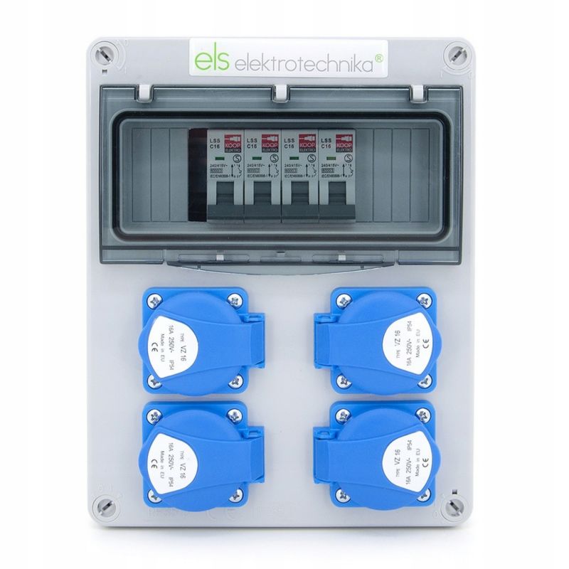 Rozdzielnica budowlana, skrzynka elektryczna ELS Elektrotechnika 8NO44C00 4x230V IP54 zabezpieczona 4xC16 1P, naścienna, 1 szt.