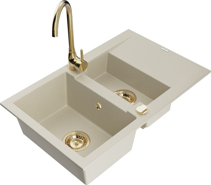 Zlewozmywak granitowy Mexen Gaspar 1,5-komorowy z ociekaczem i baterią kuchenną Telma beżowy 6507-69-670200-50