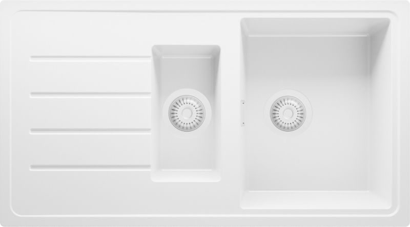 Zlewozmywak Kopenhaga Duo PRIMAGRAN Nablatowy 90x50cm do szafki od 60cm, Cały Biały + Syfon, S008, 1 szt.