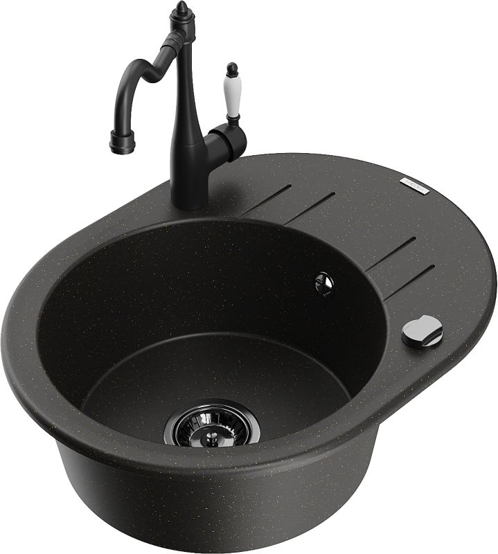 Zlewozmywak granitowy Mexen Kevin 1-komorowy z ociekaczem i baterią kuchenną Duero czarny - 6517-76-671600-76 1 szt.