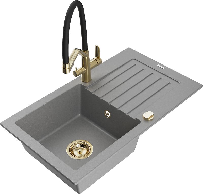 Zlewozmywak granitowy Mexen Pablo 1-komorowy z ociekaczem i baterią kuchenną Duo szary 6510-71-671701-57-G