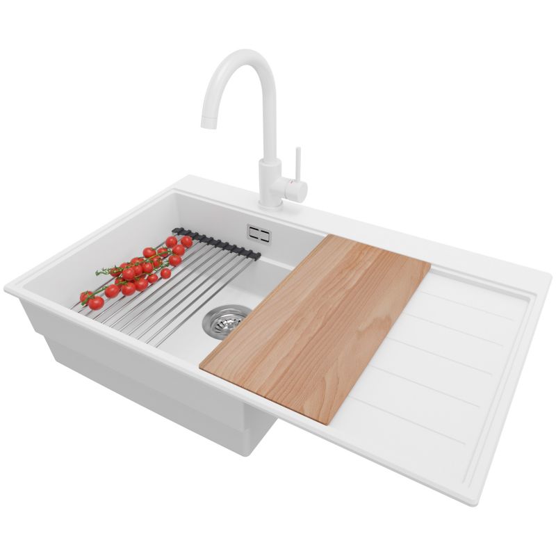 Zlewozmywak Granitowy Sydney PRIMAGRAN Nablatowy 78x50cm do szafki od 50cm, Biały + Bateria + Syfon + Akcesoria, S369, 1 szt.