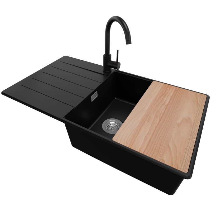 Zlewozmywak Granitowy Kopenhaga PRIMAGRAN Nablatowy 90x50cm do szafki od 60cm, Czarny + Bateria + Syfon + Deska, S725, 1 szt.