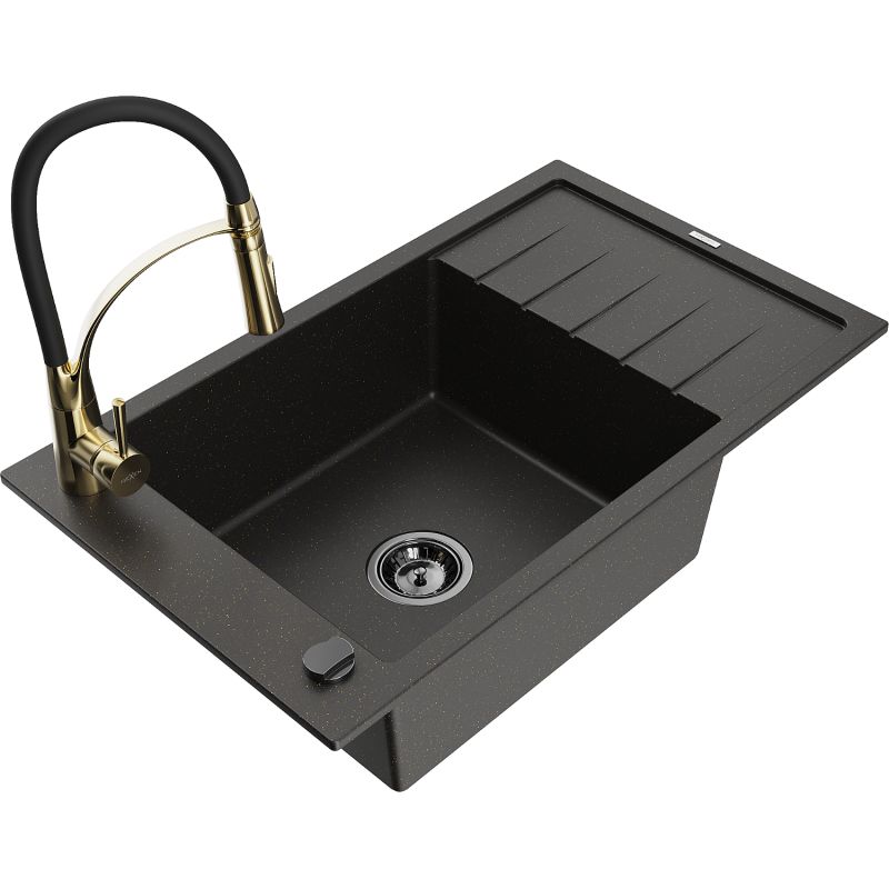 Zlewozmywak granitowy 1-komorowy Mexen Elias z ociekaczem i baterią kuchenną Aster czarny/złoty metalik 6511-75-73450-57-B