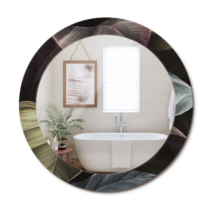 Lustro Dekoracyjne Okrągłe ArtPrintCave 70 cm Ciemne Tropikalne Liście z Drukowaną Ramką do Przedpokoju 1 szt.