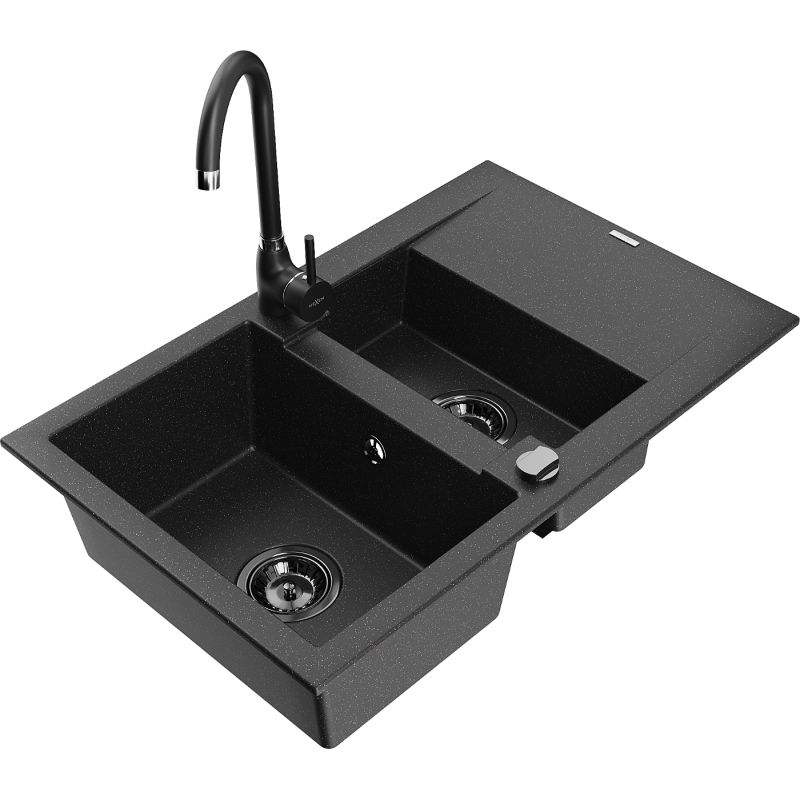 Zlewozmywak granitowy 1.5-komorowy Mexen Gaspar z ociekaczem i baterią kuchenną Telma czarny/srebrny 6507-73-670200-70-B