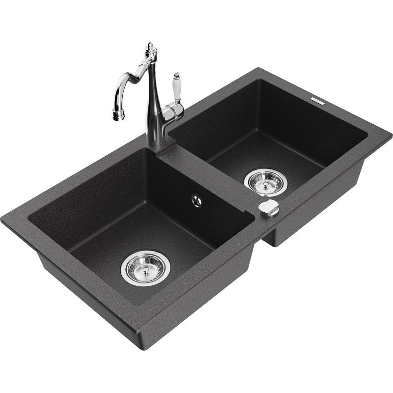Zlewozmywak granitowy 2-komorowy Mexen Mario z baterią kuchenną Carla czarny nakrapiany 6504-76-670700-00