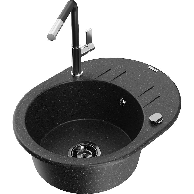 Zlewozmywak granitowy 1-komorowy Mexen Kevin z ociekaczem i baterią Flora czarny/srebrny metalik - 6517-73-670401-57-B 1 szt.