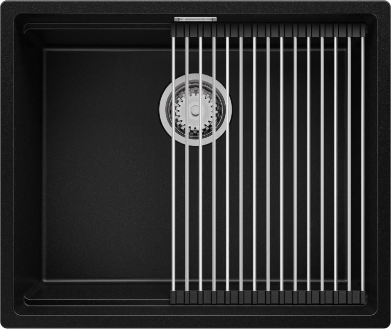 Zlewozmywak podblatowy Praga PRIMAGRAN 56x47cm do szafki od 60cm, Czarny + Syfon + Zwijany ociekacz, S279, 1 szt.