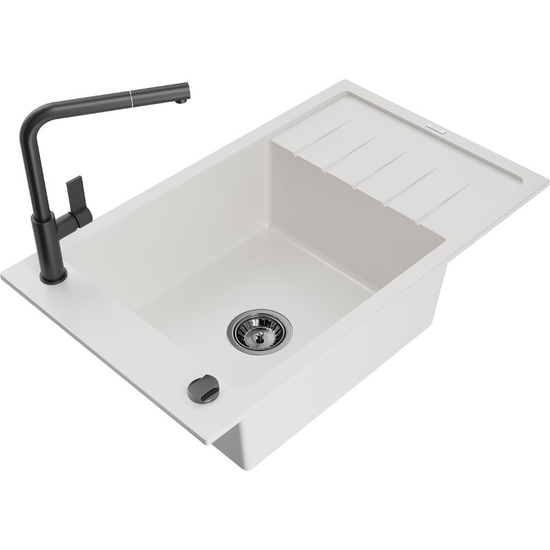 Zlewozmywak granitowy 1-komorowy Mexen Elias z ociekaczem i baterią kuchenną Flora czarny - 6511-77-670401-70-B 1 szt.