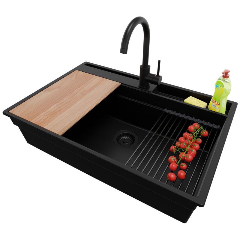 Zlewozmywak Granitowy Oslo Pocket PRIMAGRAN Nablatowy 78x53cm, Cały Czarny + Bateria + Syfon + Akcesorium, S354, 1 szt.