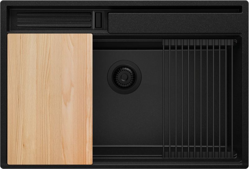 Zlewozmywak Oslo Pocket PRIMAGRAN Nablatowy 78x53cm do szafki od 80cm, Cały Czarny + Syfon + Akcesoria, S413, 1 szt.