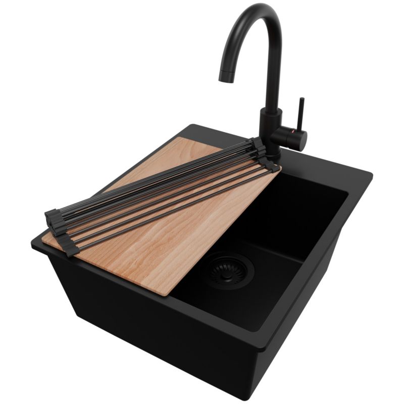 Zlewozmywak Granitowy Ryga PRIMAGRAN Nablatowy 43x50cm do szafki od 45cm z Syfonem i Baterią i Dodatkiem Cały Czarny 1 szt.